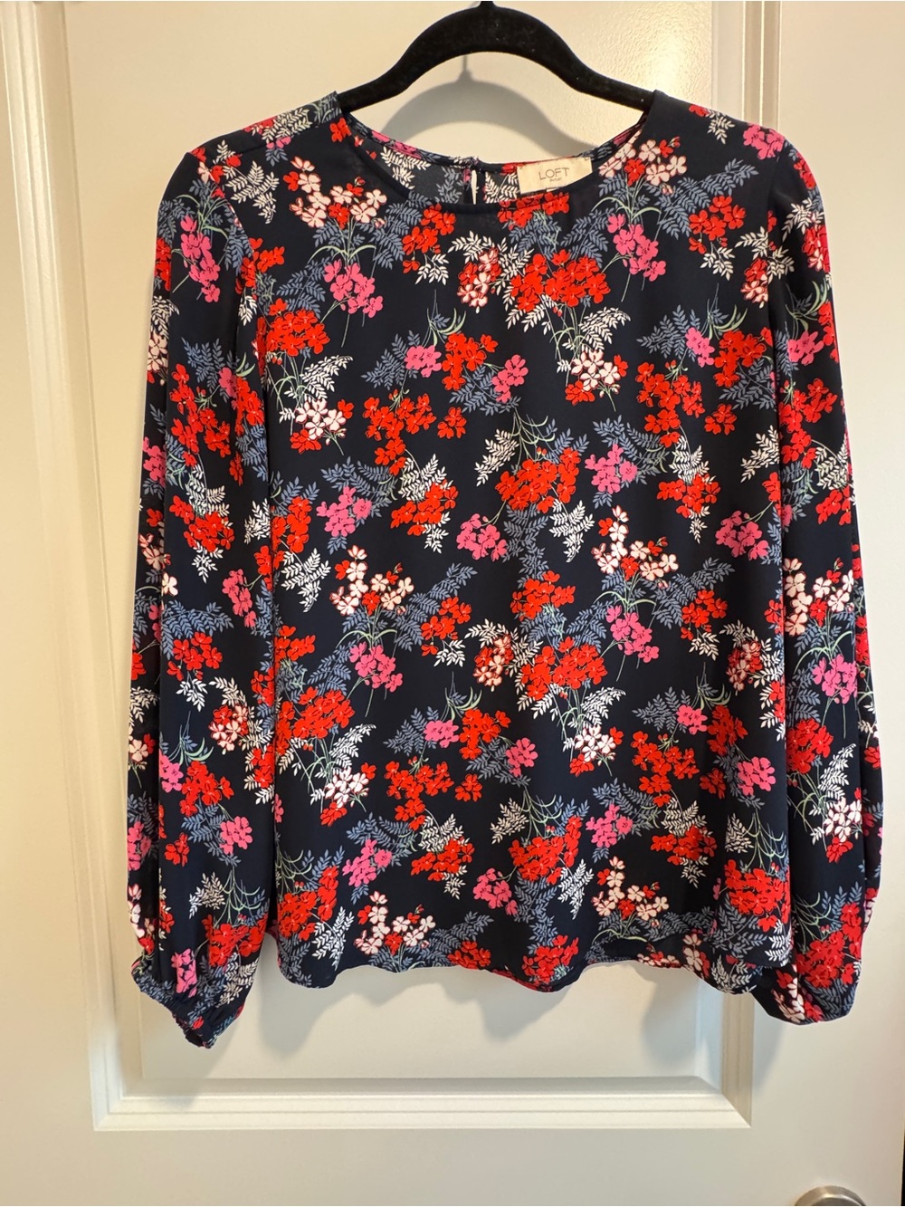 LOFT Navy Floral Long-Sleeve Blouse - Red & Pink Floral Print
